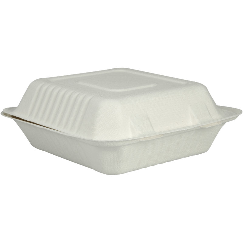 A closed, white menu box made of bagasse (22.3x20.1x7.7 cm) from the brand Abena Re-Seller GmbH stands on a plain white background. Packaging unit: 50 pieces.