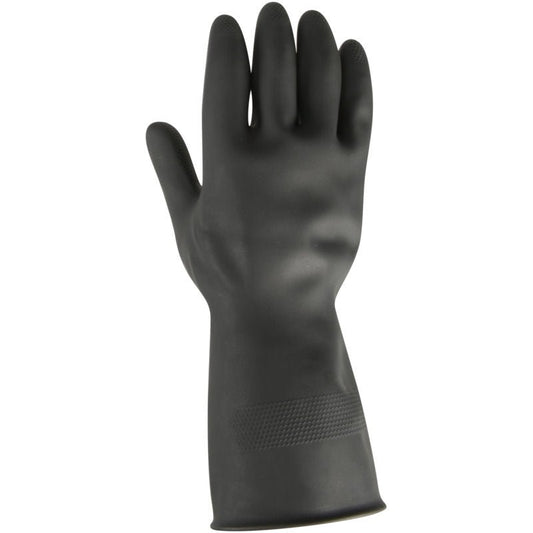 Der Thor Black Heavy Duty Haushaltshandschuhe Latex von Abena Re-Seller GmbH ist ein schwarzer Handschuh mit strukturiertem Griff an Fingern und Handgelenk, hier unbenutzt mit der Handfläche nach vorne - ideal zum Schutz bei Reinigungsarbeiten oder industrieller Reinigung.