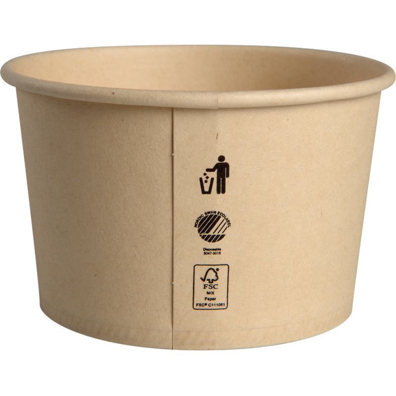 Der Abena Re-Seller GmbH Eisbecher 120 ml, Pappe/PE, ist ein schlichter brauner Einwegbecher mit PE-Beschichtung und aufgedruckten Recycling- und FSC-Symbolen, abgebildet auf einem weißen Hintergrund.