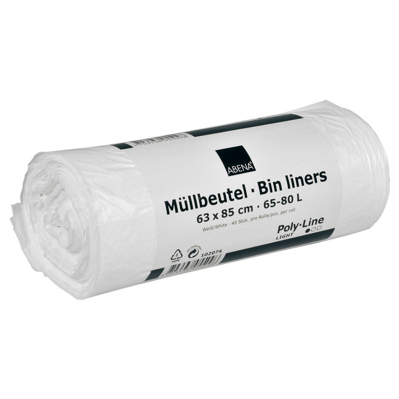 A roll of Abena Re-Seller GmbH trash bags 65-80 L, 630x850 mm, 8 my HDPE in white (40 bags), labeled with "Müllbeutel - Bin liners" in German and English, displayed against a white background.