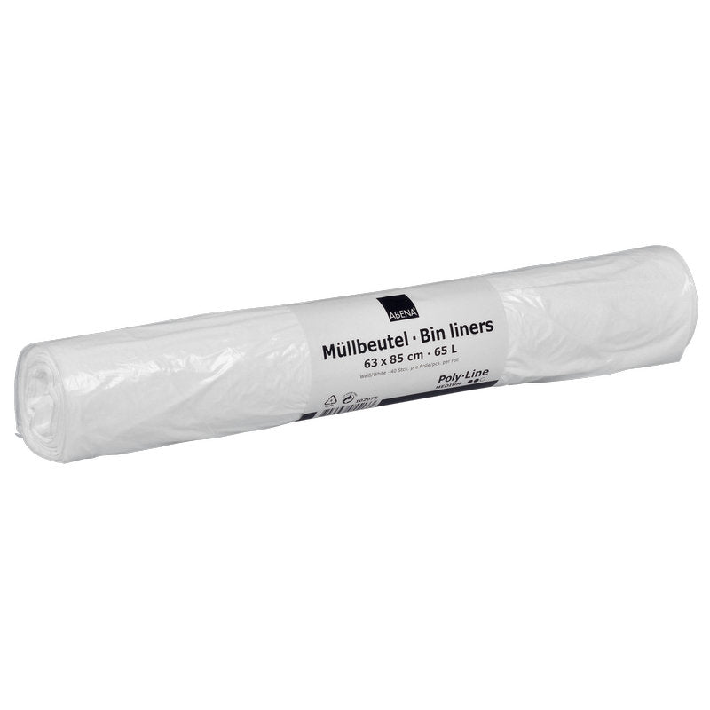 A white roll of Abena Re-Seller GmbH garbage bags 65 L (630x850 mm, 13 my LDPE), unused and tightly packed, contains 40 bags per roll - ideal for waste disposal.