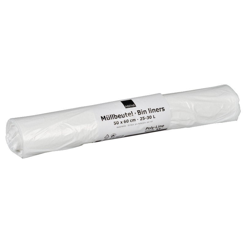 A roll of Abena Re-Seller GmbH garbage bags, 25-30 L capacity, 500x600 mm size, 12.5 my LDPE white; labeled in German and English; package contains 50 bags.