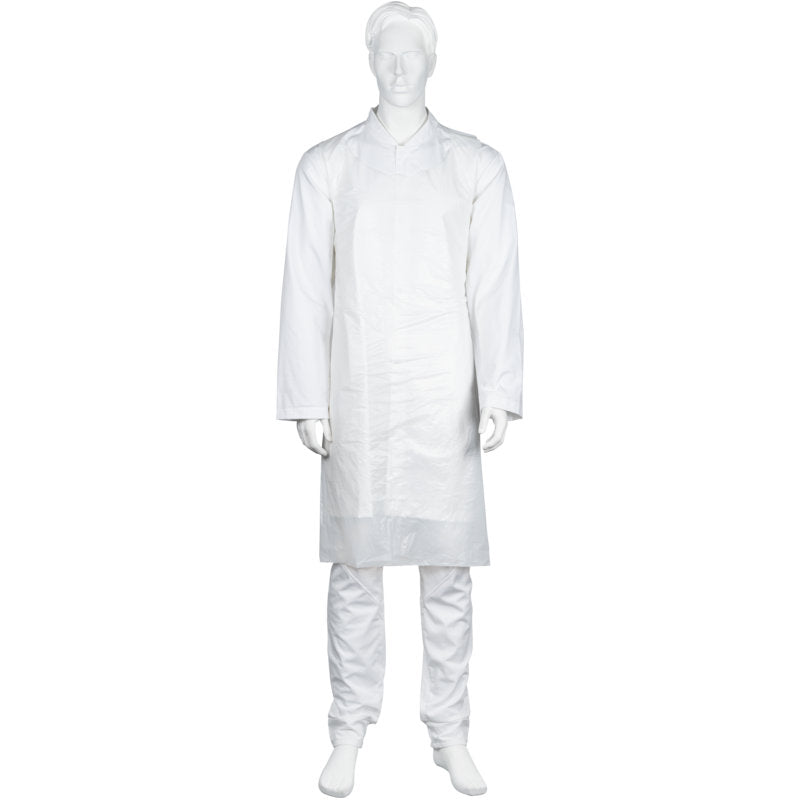 A mannequin is wearing a white Abena Re-Seller GmbH disposable apron, 75x125 cm, 18 my LDPE (pack of 100 pieces), standing upright with arms at the sides against a plain white background.