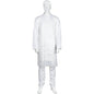 A mannequin is wearing a white Abena Re-Seller GmbH disposable apron, 75x125 cm, 18 my LDPE (pack of 100 pieces), standing upright with arms at the sides against a plain white background.