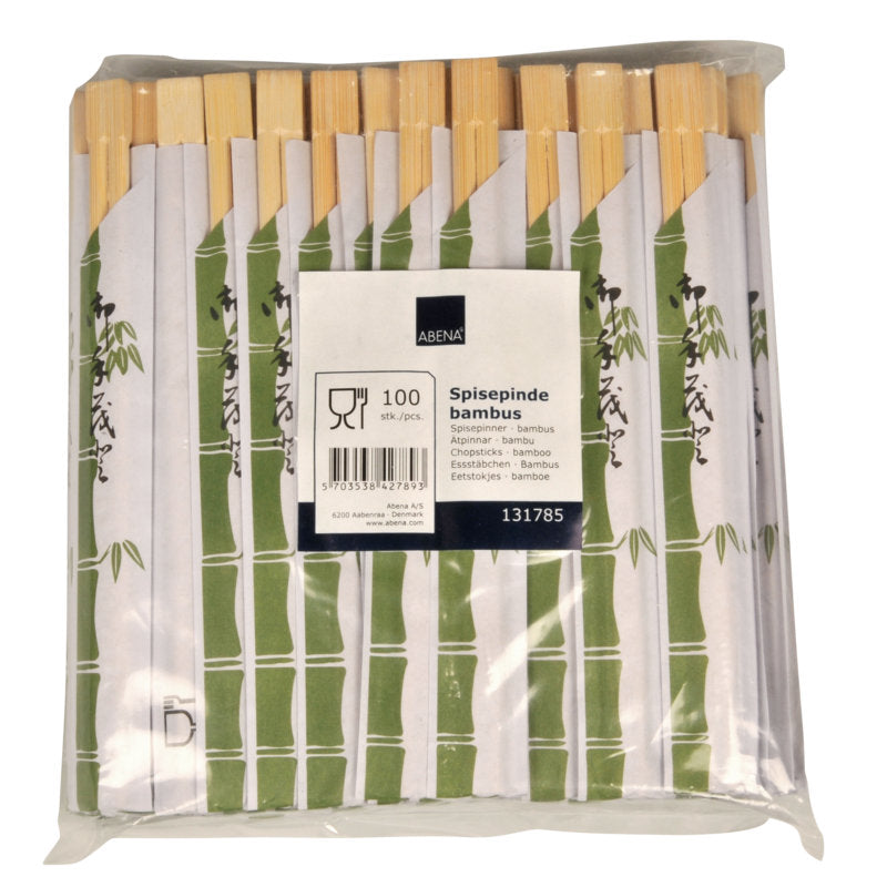 A plastic-wrapped package of 100 Abena Re-Seller GmbH chopsticks, bamboo, individually wrapped. Each chopstick is wrapped in white paper with green bamboo motifs; a labeled sticker is visible on the front. Perfect for Asian dishes.