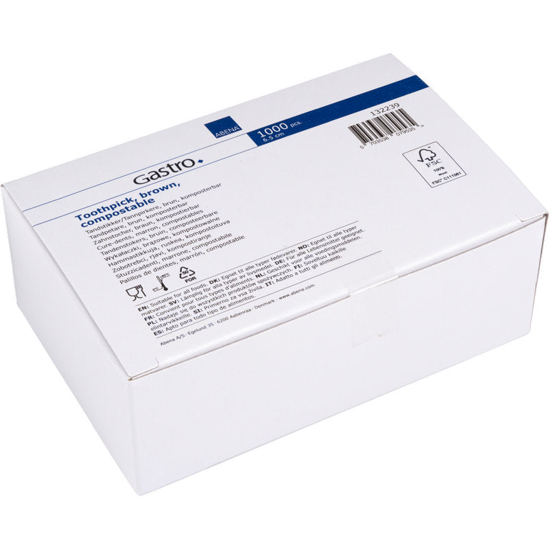 Eine weiße Schachtel der Abena Re-Seller GmbH mit der Aufschrift "Zahnstocher, 65 mm, Unverpackt, Holz" enthält 1000 Paar kompostierbare braune Zahnstocher mit Produktinformationen, Symbolen und einem Barcode auf der oberen Klappe - ideal für den Einsatz in der Gastronomie oder unverpackt.