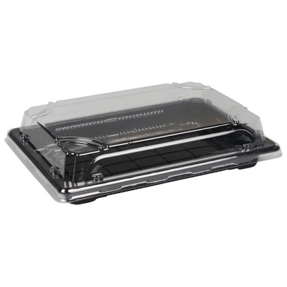 The Abena Re-Seller GmbH Sushi-to-go Combo Pack is a black, rectangular plastic bowl with a transparent lid, ideal for packaging and presenting fresh sushi or other takeaway foods.