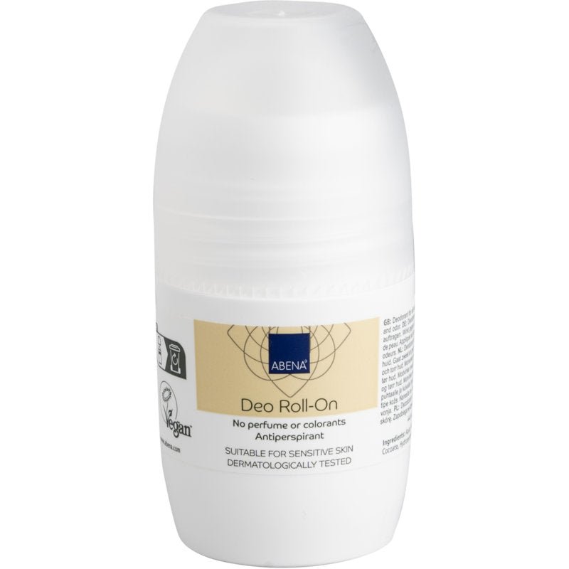 The Abena Re-Seller GmbH Deo Roll-On (50 ml) made of white plastic with a beige label offers effective odor neutralization, is suitable for sensitive skin, dermatologically tested, and free from perfume and dyes. Sold in boxes with 8 packages.