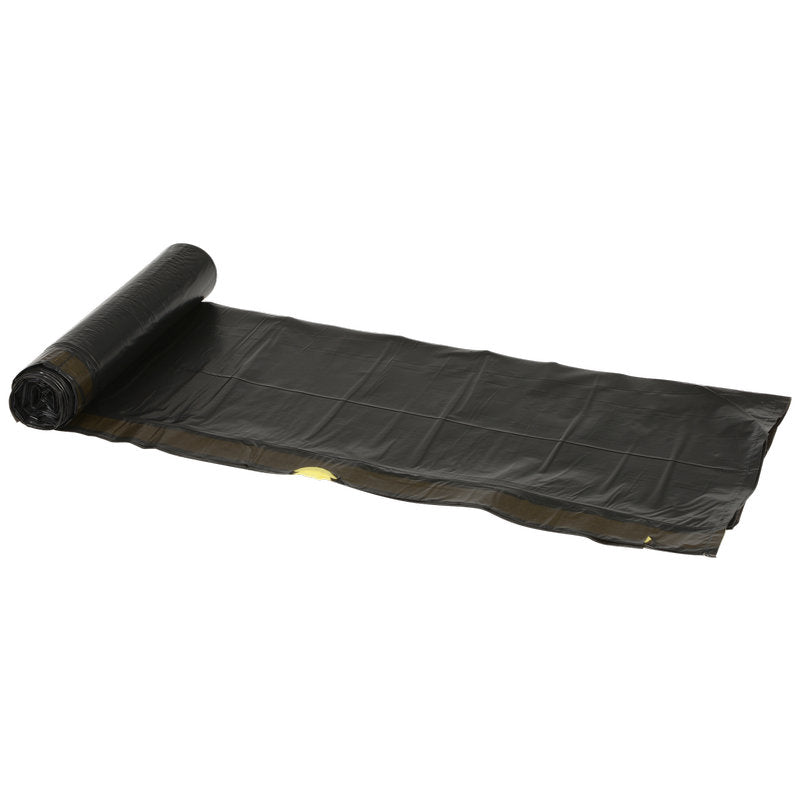 A roll of Abena Re-Seller GmbH garbage bags 120 L, with drawstring, 700x1010mm 55 my black (10 bags/roll), with partial unrolling on a white background - ideal for heavy-duty waste disposal.