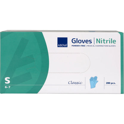 Eine Box Abena Re-Seller GmbH Nitril-Handschuhe Classic, puderfrei, blau, Größe S (6-7) enthält 200 Stück. Die grün-weiße Verpackung mit Handschuhabbildung eignet sich ideal für den medizinischen Einsatz.