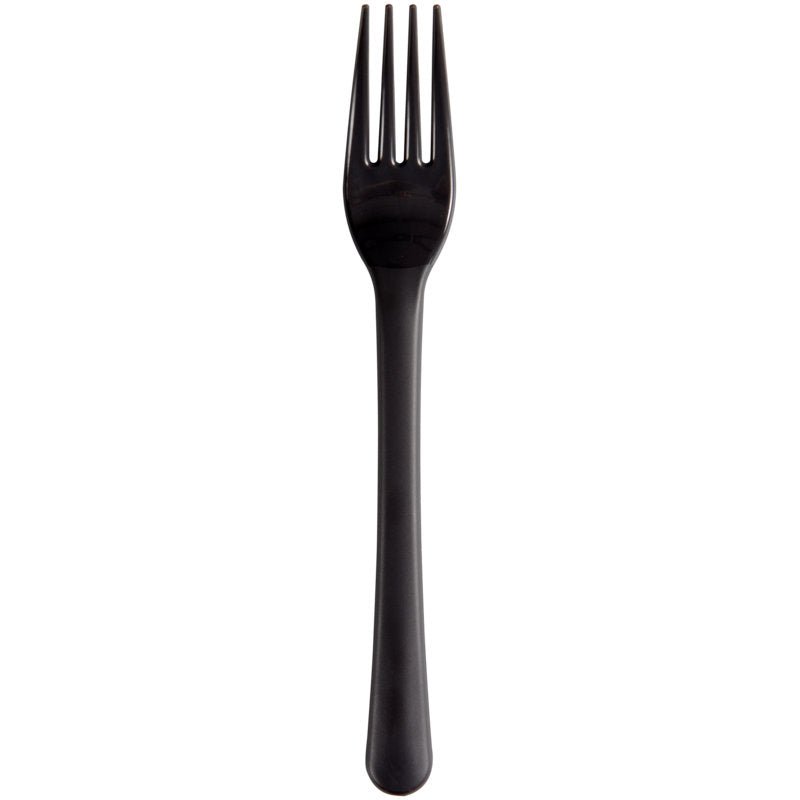 A single black reusable fork (18cm, PP) from Abena Re-Seller GmbH stands centrally on a white background. This eco-friendly and sustainable cutlery alternative has four tines and a slightly curved handle. Package: 50 pieces.
