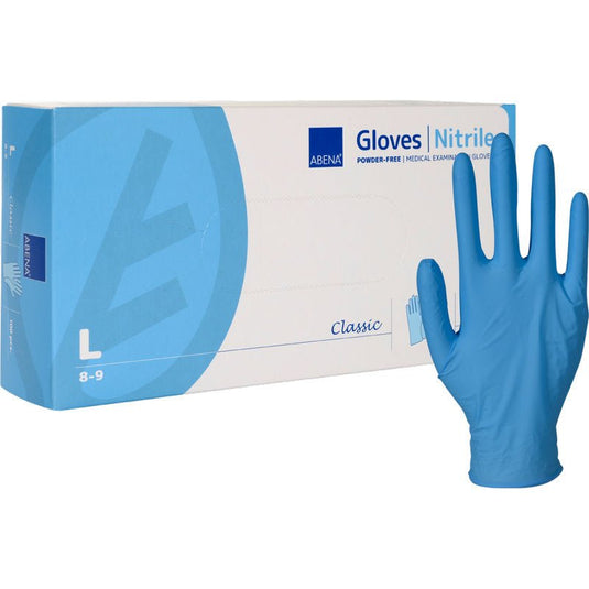 A box labeled "Nitrile Gloves, Classic, Powder-Free, Blue" from Abena Re-Seller GmbH, featuring a prominent blue "L" for Large, stands next to a glove held upright; according to the box, these are powder-free medical examination gloves.