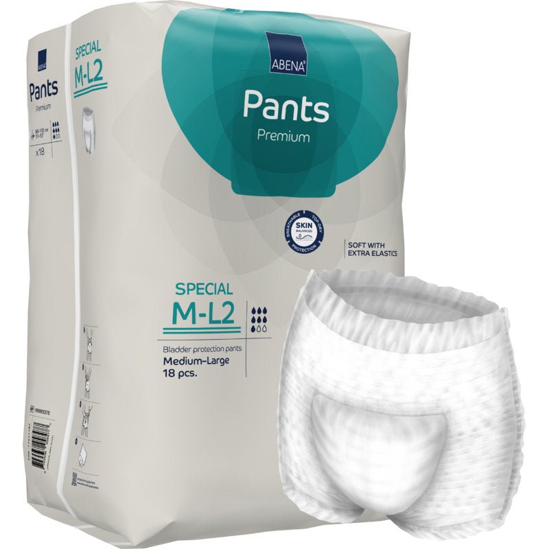The ABENA Pants Special Premium from Abena Re-Seller GmbH, medium size, comes in a pack of 18 disposable adult pants. The packaging features a pair of white protective underwear on the front.