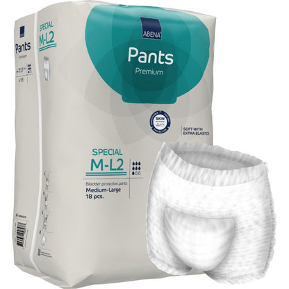 The ABENA Pants Special Premium from Abena Re-Seller GmbH, medium size, comes in a pack of 18 disposable adult pants. The packaging features a pair of white protective underwear on the front.