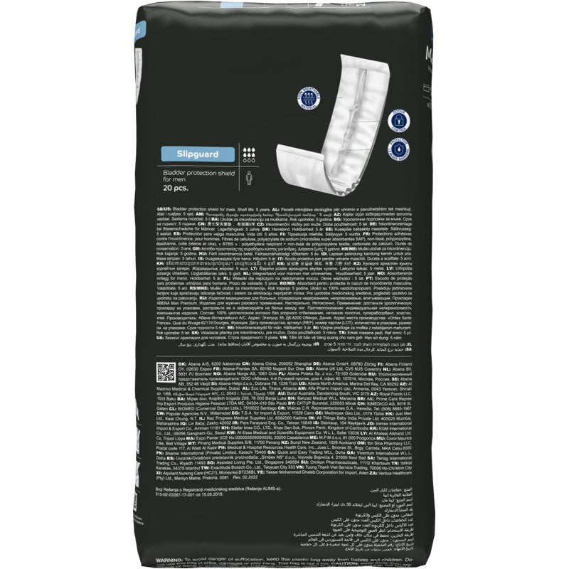 A black package of ABENA Man Slipguard, Premium from Abena Re-Seller GmbH, contains 20 bladder protection shields. The back features a product image, icons, and a multilingual description text.