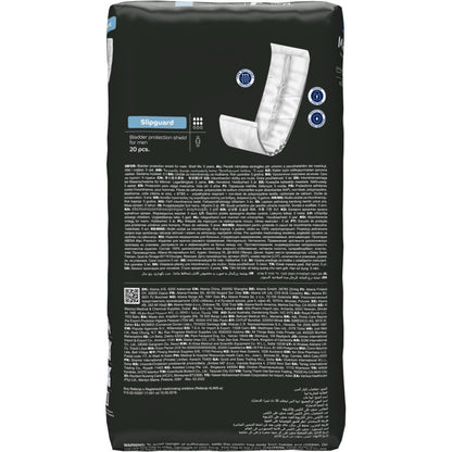 A black package of ABENA Man Slipguard, Premium from Abena Re-Seller GmbH, contains 20 bladder protection shields. The back features a product image, icons, and a multilingual description text.