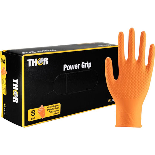Abgebildet ist eine Schachtel Abena Re-Seller GmbH Thor Power Grip, Orange Einweg-Nitrilhandschuhe (klein) mit einem strukturierten Handschuh aufrecht daneben. Die Verpackung hebt das puderfreie, langlebige Design und die außergewöhnliche Griffigkeit hervor - ideal für Unterarmtraining.