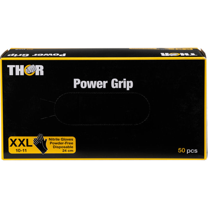Die Abena Re-Seller GmbH Thor Power Grip, Schwarz Box enthält 50 schwarz-gelbe, puderfreie Einweghandschuhe aus Nitril im XXL-Format (10-11). Der Krafttraining-Schriftzug ist auf der Vorderseite in weiß und gelb aufgedruckt.
