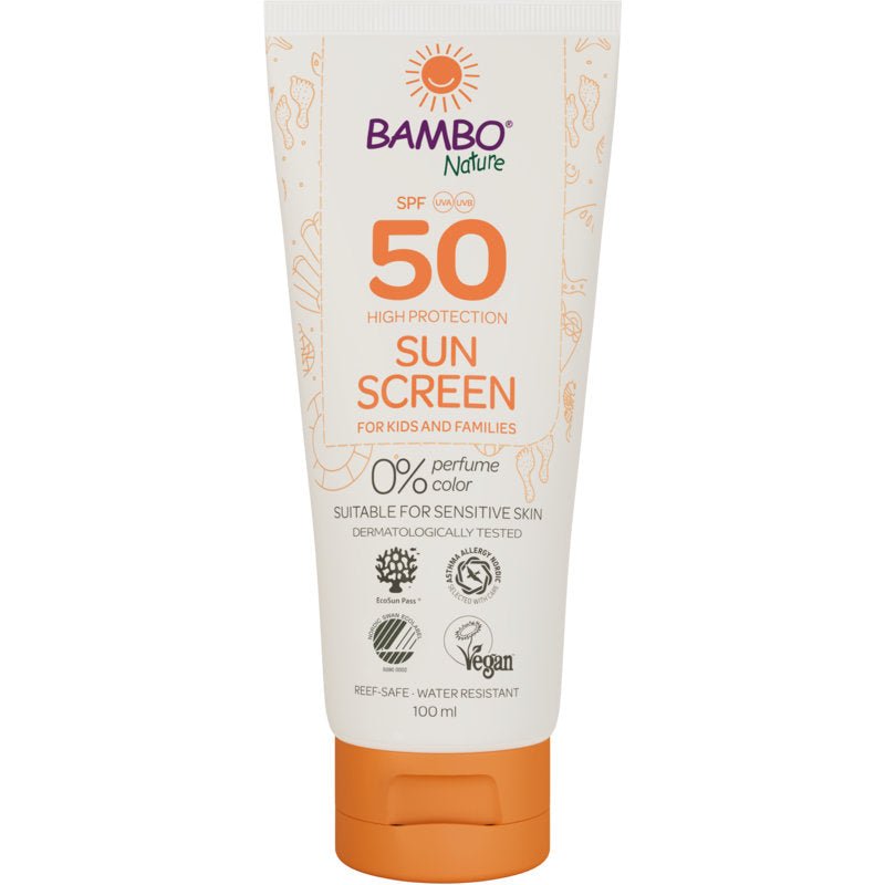 A 100ml tube of Bambo Nature sunscreen SPF50 from Abena Re-Seller GmbH, color- and fragrance-free, dermatologically tested, vegan, reef-safe, and ideal for sensitive skin. 6 packs in the box.