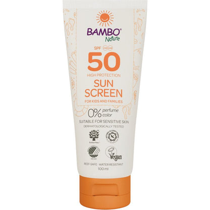 A 100ml tube of Bambo Nature sunscreen SPF50 from Abena Re-Seller GmbH, color- and fragrance-free, dermatologically tested, vegan, reef-safe, and ideal for sensitive skin. 6 packs in the box.
