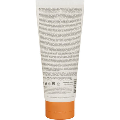 A 100ml tube of Bambo Nature SPF50 sunscreen, color- and fragrance-free, from Abena Re-Seller GmbH, with an orange cap, viewed from the back. The light packaging shows dense black text, symbols, barcode, and company information.