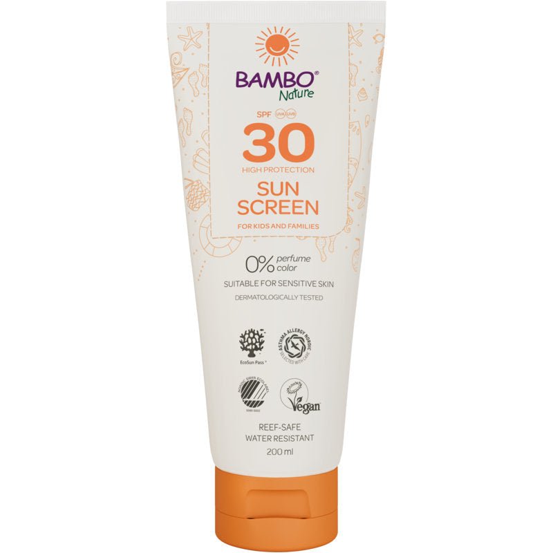A 200ml tube of Bambo Nature sunscreen SPF30 from Abena Re-Seller GmbH - color and fragrance-free, high protection for sensitive skin, dermatologically tested, vegan, reef-safe, and water-resistant. Sold in cartons of 6 pieces.
