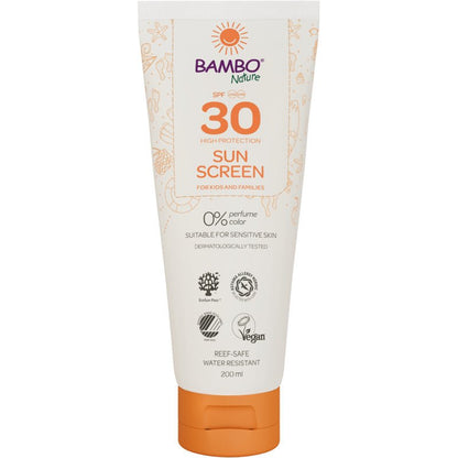 A 200ml tube of Bambo Nature sunscreen SPF30 from Abena Re-Seller GmbH - color and fragrance-free, high protection for sensitive skin, dermatologically tested, vegan, reef-safe, and water-resistant. Sold in cartons of 6 pieces.
