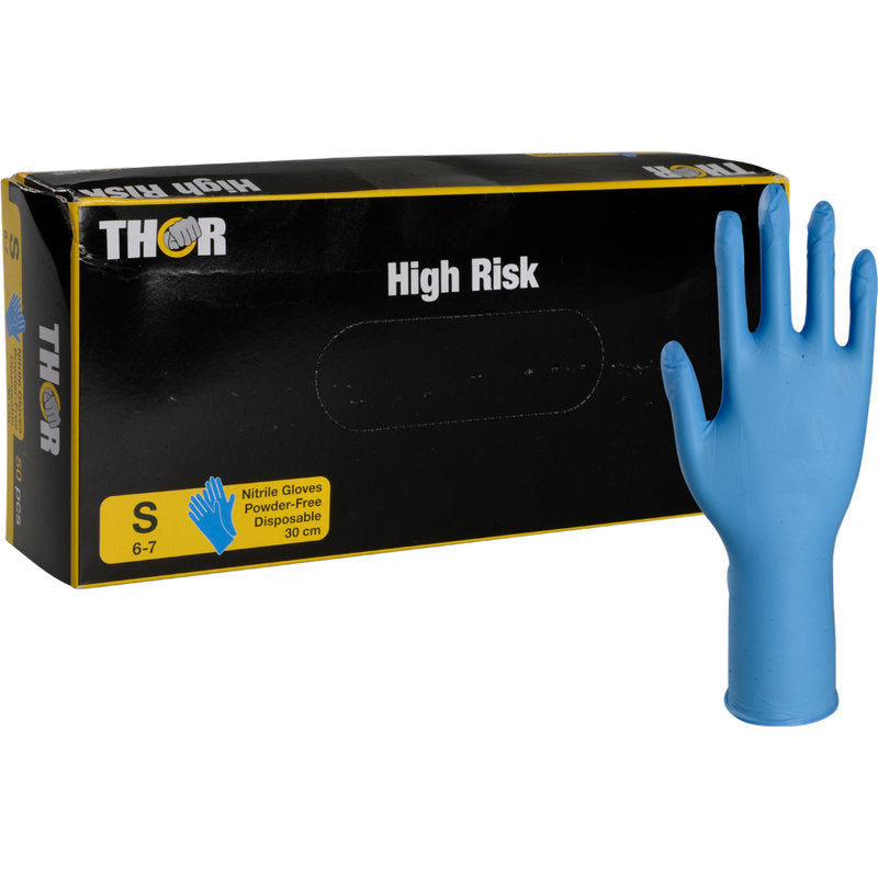 A black box labeled "Thor High Risk Nitrile Gloves, Blue, 30 cm" from Abena Re-Seller GmbH with the label Size S (6-7), powder-free, disposable gloves - ideal for chemical protection - stands upright next to a blue nitrile glove.
