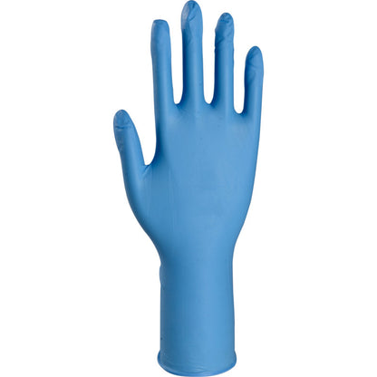 A single blue Thor High Risk Nitrile Glove, Blue, 30 cm from Abena Re-Seller GmbH is depicted upright with outstretched and slightly spread fingers, offering chemical protection against a plain white background.