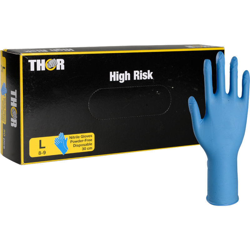 A box labeled "Thor High Risk Nitrile Gloves, Blue, 30 cm" from Abena Re-Seller GmbH contains a blue nitrile glove. The packaging in yellow and blue indicates chemical protection, size L (8-9), powder-free, and a length of 30 cm.