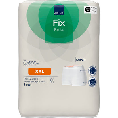 Eine Packung Fixierhosen ABENA Fix, Pants, Super von Abena Re-Seller GmbH, Größe XXL mit 3 Stück in einer weiß-grünen Verpackung mit Produktinfos, Zertifizierungslogos und einem Hosenbild auf der Vorderseite.