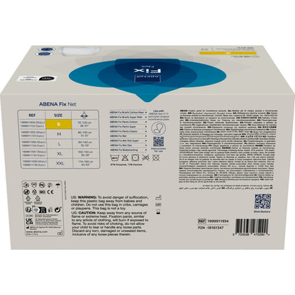 A rectangular box of fixing pants, ABENA Fix, Net by Abena Re-Seller GmbH, size S, with product information, size chart, warnings, barcode, dealer information, and multilingual symbols for incontinence products on the back.