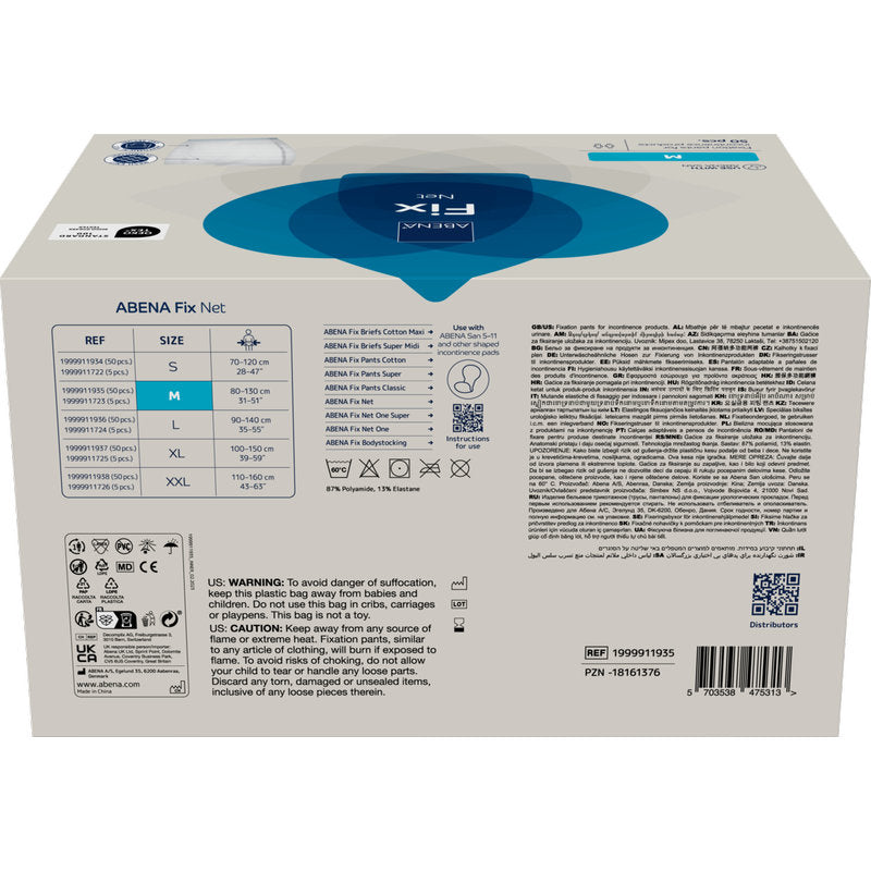 A beige-blue packaging of ABENA Fix, Net fixing pants by Abena Re-Seller GmbH, size medium, shows a size chart, product codes, warnings, multilingual info on the side, is for incontinence products, and has a barcode at the bottom right.