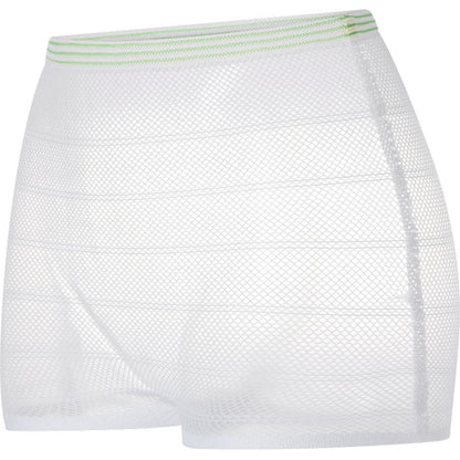 A pair of white mesh fixing pants, ABENA Fix, mesh by Abena Re-Seller GmbH for incontinence products, with a green striped elastic waistband, depicted on a white background.