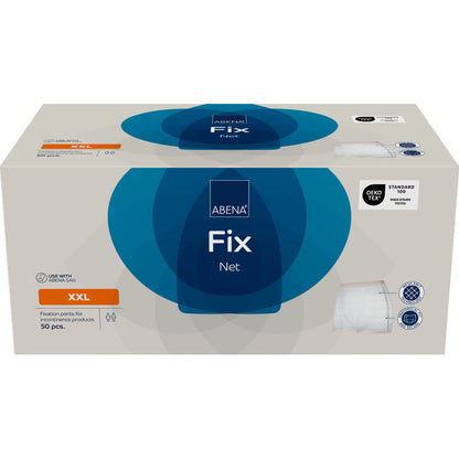 A rectangular box with fixing pants, ABENA Fix, Net by Abena Re-Seller GmbH, size XXL, contains 50 pieces. The predominantly white box with blue and orange accents shows product details - ideal as reliable incontinence products.