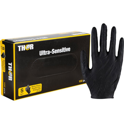 An upright standing black Thor Ultra Sensitive nitrile glove from Abena Re-Seller GmbH is depicted next to a box labeled "THOR Ultra Sensitive", size small (6-7), with 100 gloves, in black with yellow and white accents.