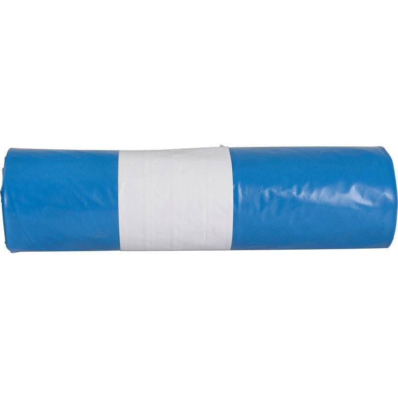 A tightly rolled blue garbage bag from Abena Re-Seller GmbH (for Sækko Boy 60, 55 my LDPE recycled), secured in the middle with a white band, stands on a plain white background.