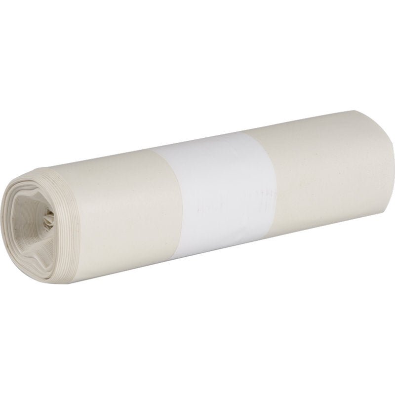 A roll of Abena Re-Seller GmbH garbage bags for Sækko Boy 60, 55 my LDPE Recycled is tightly wrapped and equipped with a white label in the middle, standing against a solid background.