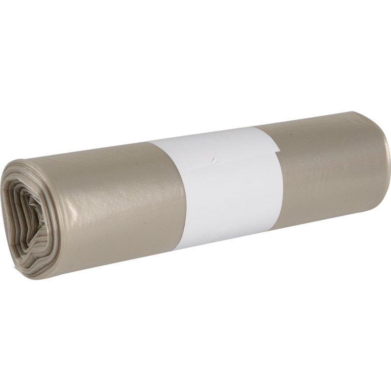 A tightly rolled bundle of light gray garbage bags for Sækko Boy 60 (55 my LDPE Recycled) from Abena Re-Seller GmbH, with a simple white label in the middle, depicted against a white background.