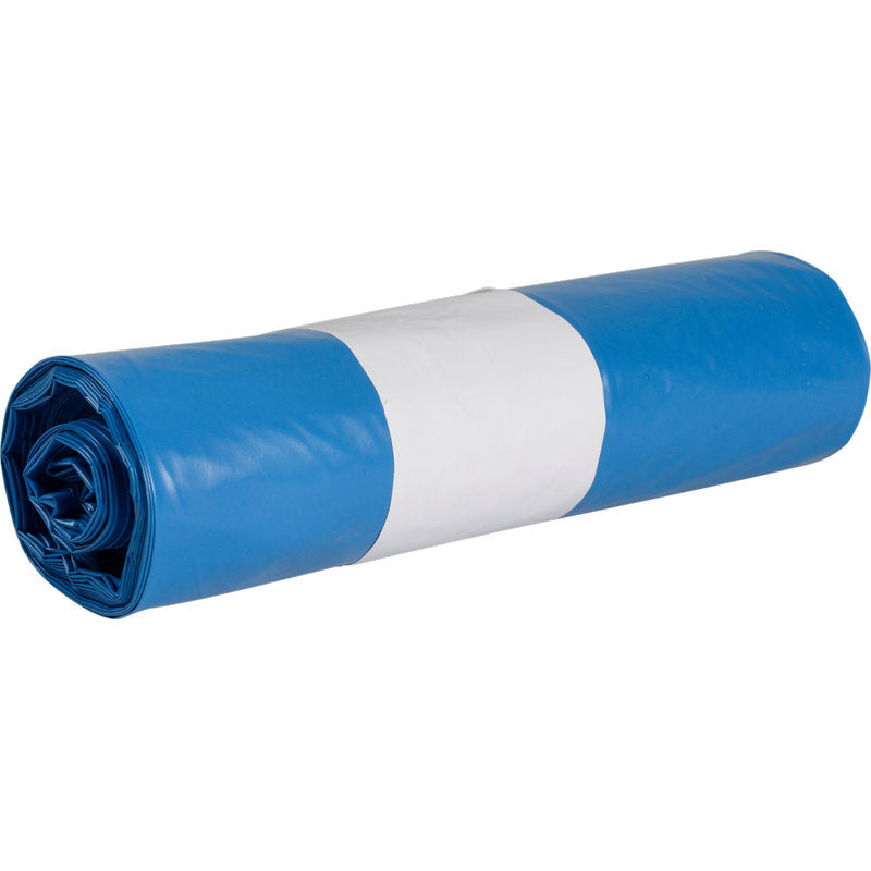 A rolled-up bundle of blue Abena Re-Seller GmbH trash bags for Sækko Boy 120, 55 my LDPE Recycled, secured with a white paper band, is presented against a plain white background.