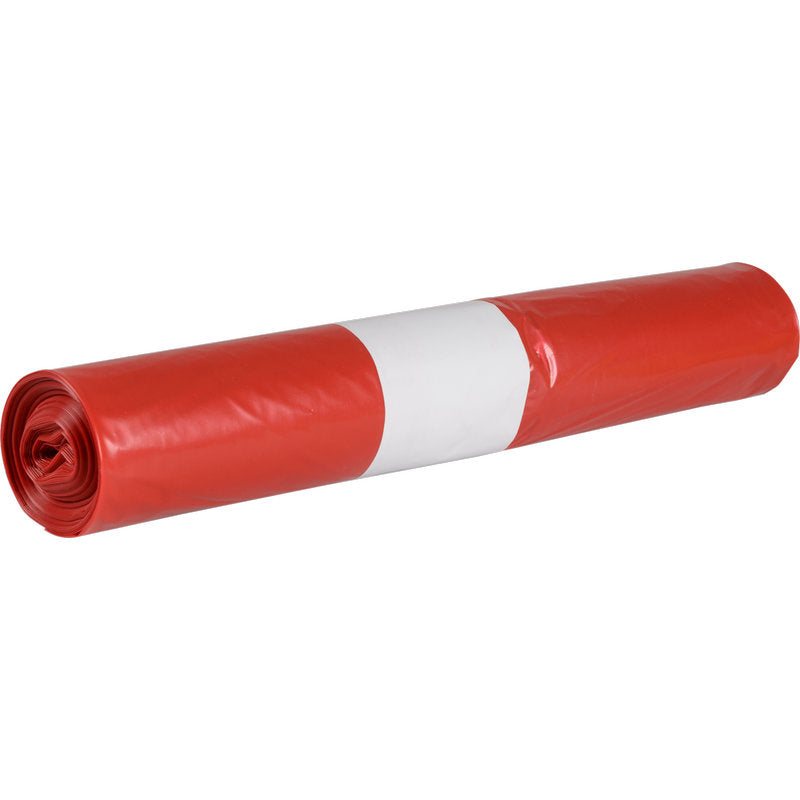 A rolled-up red Abena Re-Seller GmbH trash bag for Sækko Boy 120, 55 my LDPE Recycled Bag, secured with a white paper band and placed on a plain white background.
