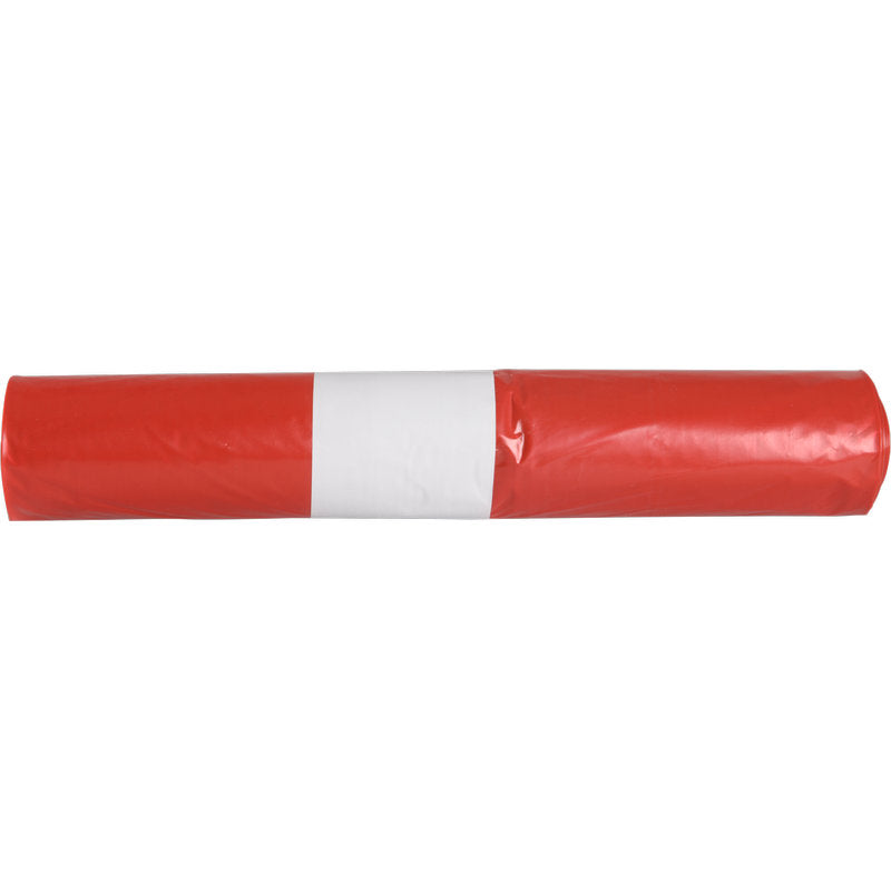 A roll of trash bags for Sækko Boy 120 (55 my LDPE Recycled) from Abena Re-Seller GmbH in red, with a white band in the middle, on a white background.