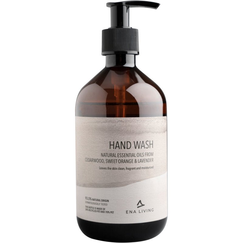 ENA Living hand soap, 500 ml from Abena Re-Seller GmbH, comes in a pack of 8 pieces and contains natural essential oils from cedarwood, sweet orange, and lavender for clean, moisturizing, and fragrant skin.