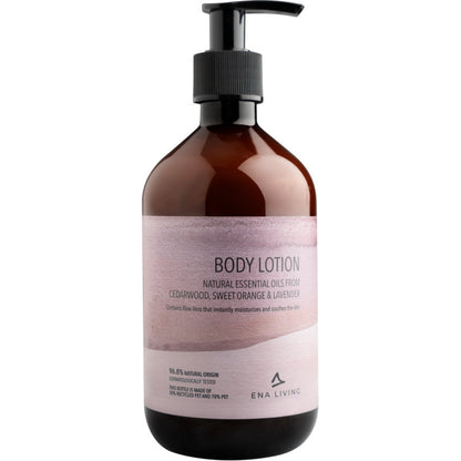 A brown pump bottle of ENA Living Body Lotion (500 ml) from Abena Re-Seller GmbH, with natural oils from cedarwood, sweet orange, and lavender, as well as soothing aloe vera - ideal for daily care. Available in a box with 8 packs.