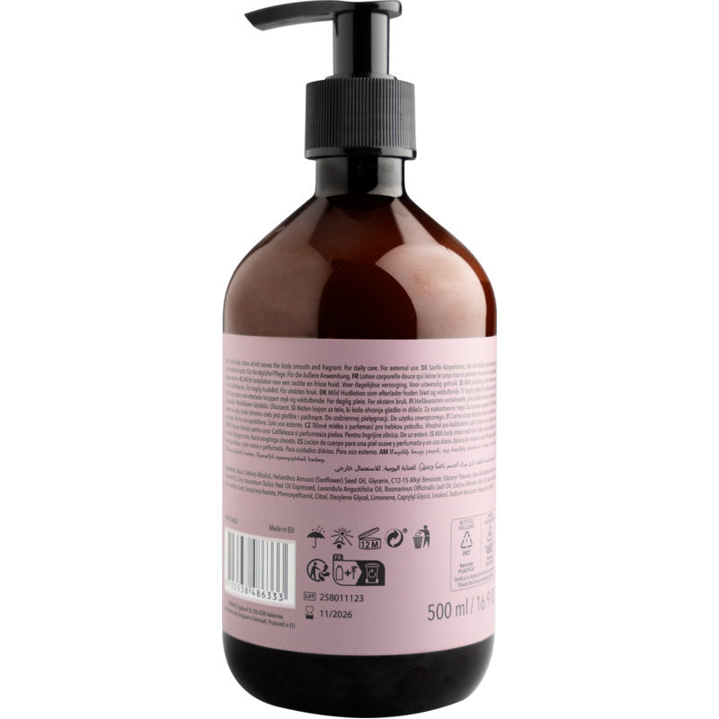A brown plastic pump bottle of ENA Living Body Lotion (500 ml) from Abena Re-Seller GmbH, shown from the back with a pink label featuring text, recycling symbols, barcode, and volume. Designed for daily body care.