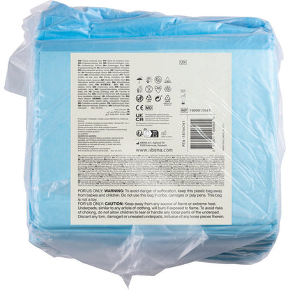 A transparent plastic bag contains a stack of blue ABENA disposable pads, 6-ply, 60x90 cm (25 pieces), with a beige label with text, symbols, and barcodes on the front. Brand: Abena Re-Seller GmbH.