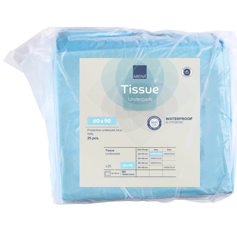 A hygienic, waterproof 25-pack of ABENA Tissue disposable pad (6-ply, 60x90 cm, blue) from Abena Re-Seller GmbH is provided with blue and white product information on the packaging.