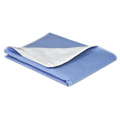A folded Abena Re-Seller GmbH washable underpad with wings, PU 75x85 cm, blue is depicted on a white background and equipped with a white, absorbent inner layer - ideal as a comfort-enhancing protective underpad. Available in a box (36 packs).