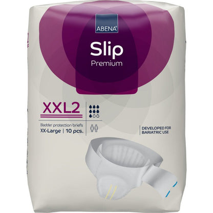 A 10-pack of ABENA Slip Premium from Abena Re-Seller GmbH, size XXL2, for oversized or bariatric needs; the packaging shows the image of the slip and highlights its suitability for large sizes.