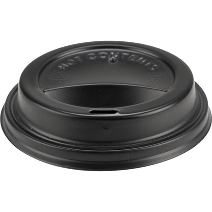 Der Abena Re-Seller GmbH Deckel für Kaffeebecher, PP ist ein schwarzer Kunststoffdeckel mit erhöhtem Rand, Trinkschlitz und "HOT CONTENTS"-Prägung - ideal als Kaffeebecherdeckel für Einwegbecher.